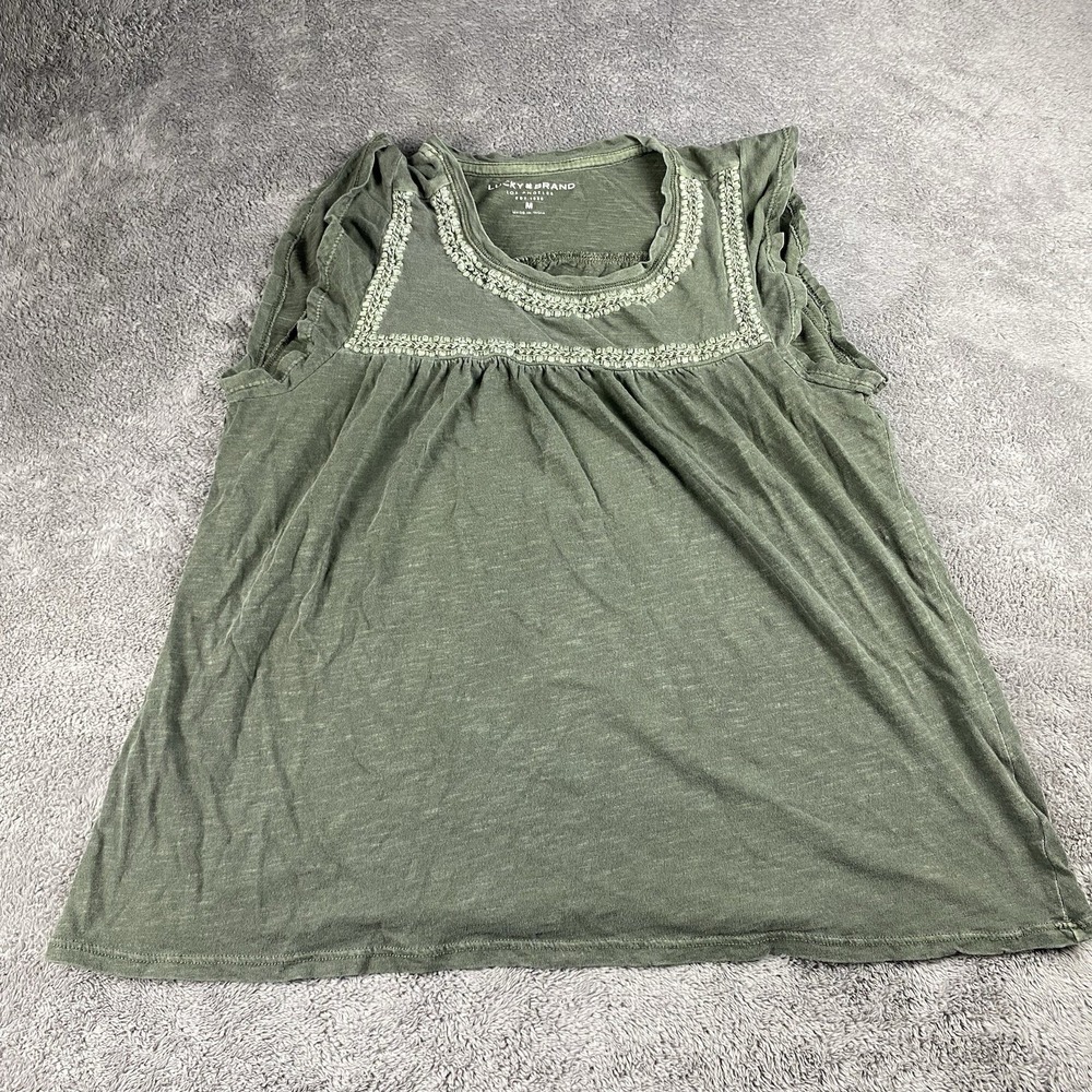 Lucky Brand Ruffle Sleeve Womens Medium Olive Green